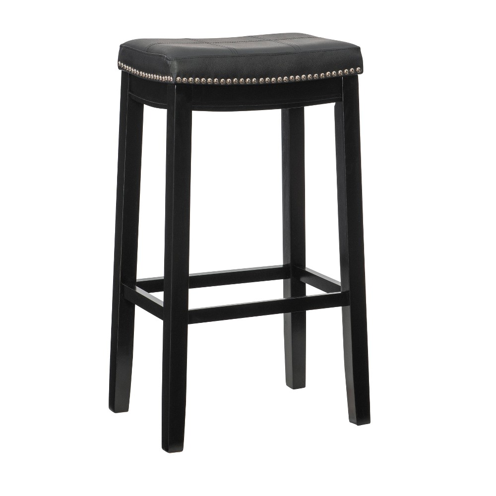 Claridge Backless Faux Leather Nailhead Saddle Barstool Black - Linon: Rubberwood Frame, 32.25" Height