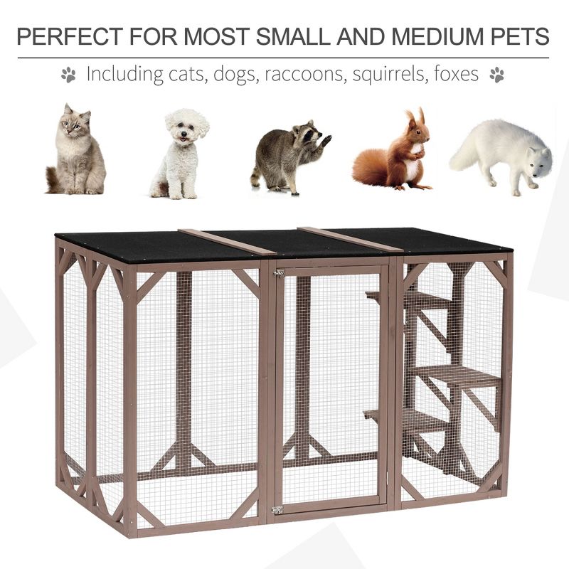 PawHut Wooden Outdoor Cat House Catio Kitten Enclosure Indoor Cage with Asphalt Roof, Multi-Level Platforms and Large Enter Door - 71"L, 6 of 10