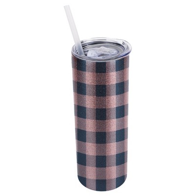 Elanze Designs Bubblegum Pink 20 Ounce Double Wall Stainless Steel Glitter Travel Tumbler With Sliding Lid And Straw, Flannel Gingham Pattern