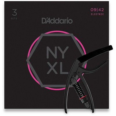 D'Addario NYXL0942 Super-Light 3-Pack Electric Guitar Strings and NS Reflex Capo Black