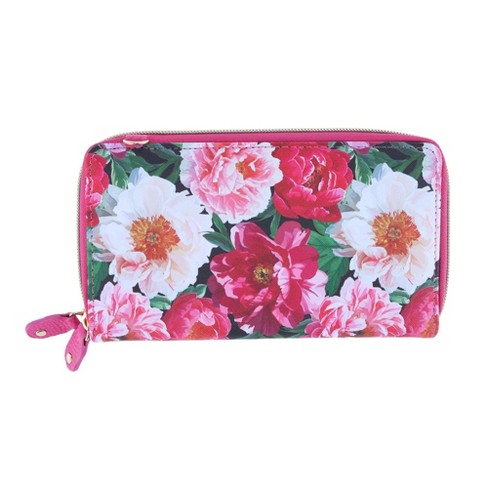 Buxton Women's Leather Long Bifold Organizer Wallet with Floral Emboss