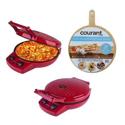 Courant 12 Inch Electronic Pizza Maker (Red) w/ Dial, Opens 180°, Includes a Food Board