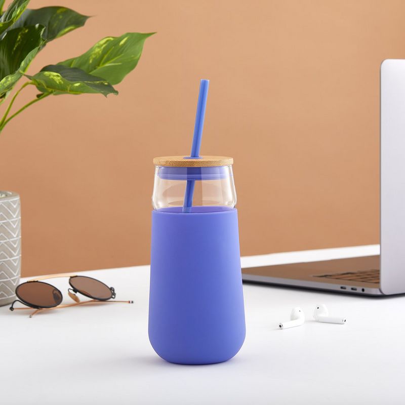 JoyJolt Glass Tumbler with 1 Straws & Non Slip Silicone Sleeve - 20 oz - Purple, 2 of 8