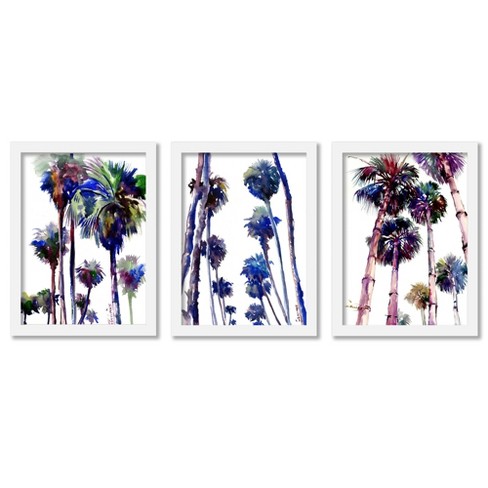(set Of 3) Purple Palms By Suren Nersisyan White Framed Triptych Wall ...