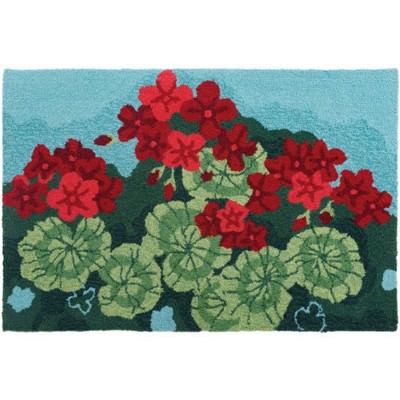 Homefires Geranium Garden Doormat, 22" x 34" – Hand-Hooked Polyester Rug with Vibrant Red Geranium Design