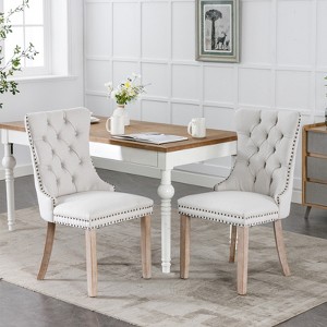 Set of 2 Modern High-End Tufted Linen Upholstered Dining Chair, Solid Rubberwood Chair with Wood Legs and Nailhead Trim - ModernLuxe - 1 of 4