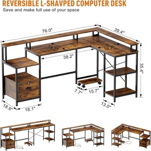 L Shaped Office Desk - 76" Reversible L Shaped Computer Desk Office Desk with Power Outlet and File Drawer Gaming Desk with Monitor Shelf Desk - 1 of 4