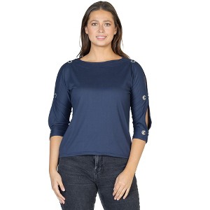 24seven Comfort Apparel Womens Three Quarter Sleeve Boatneck Cold Shoulder Top with Grommet Detail - 1 of 4