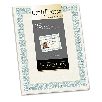 Southworth Parchment Certificates Ivory w/Green & Blue Border 24 lbs. 8-1/2 x 11 25/PK CT3R