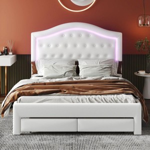 Streamdale Queen Size Upholstered Platform Bed with Tufted Headboard, LED and 2 Drawers, White - 1 of 1