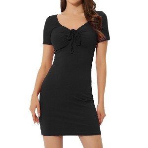 Allegra K Women's Knit Slim Fit Ruched Drawstring Tie Front Casual Mini Bodycon Dress - 1 of 4