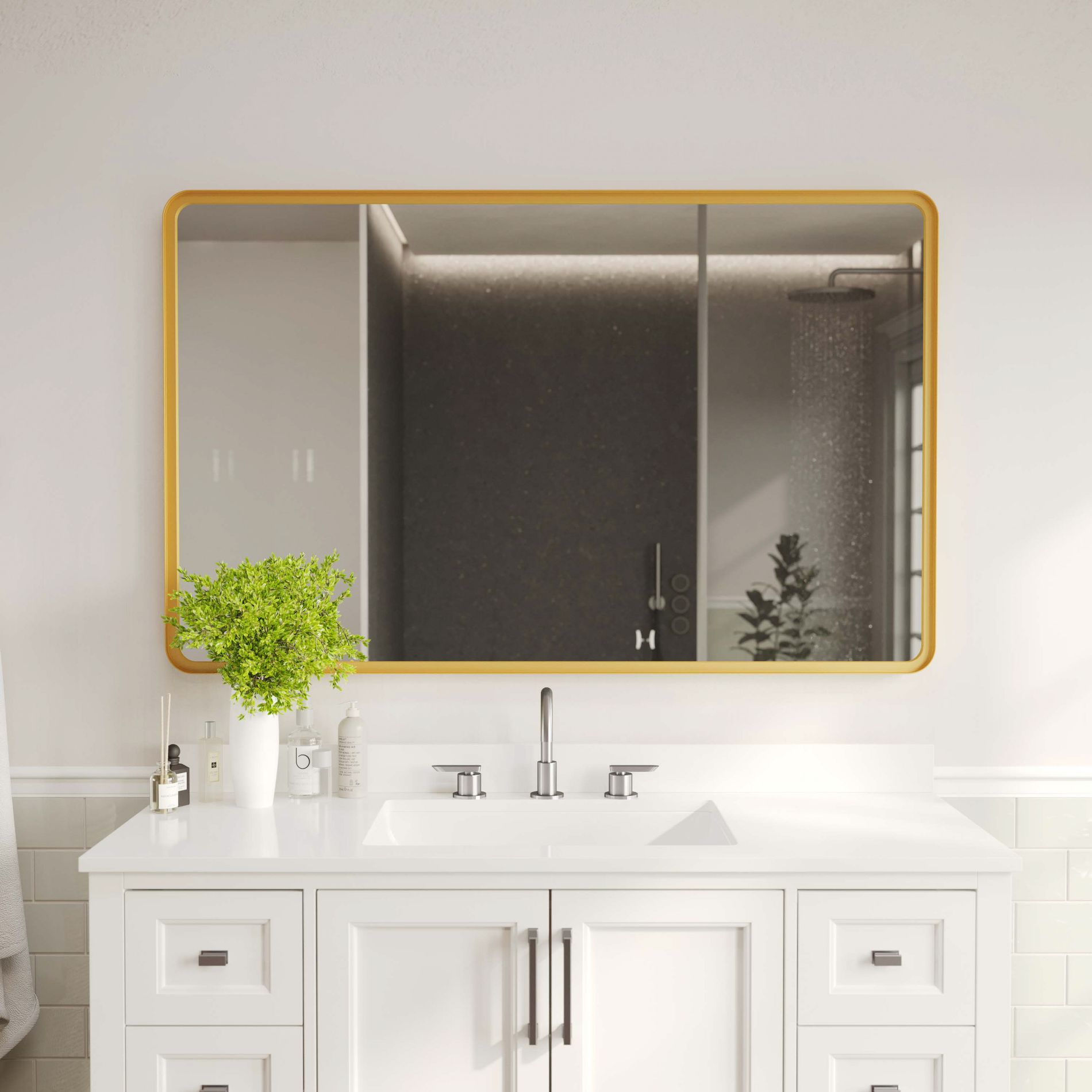 Flash Furniture Ava 48" x 30" Metal Deep Framed Wall Mirror - Large Accent Mirror for Bathroom, Entryway, Dining Room, & Living Room in Gold