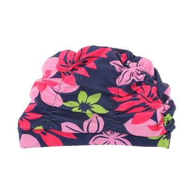 Unique Bargains Polyester Flower Pattern Swim Cap 5.91"x9.25" Navy Blue Red 1 Pc