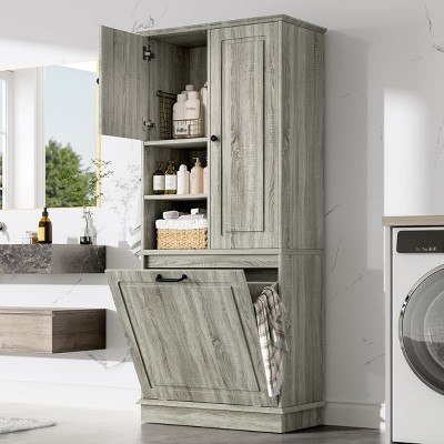 67" Tall Storage Cabinet with 2 Doors, Adjustable Shelves and Large Flip-Out Basket, Bathroom Cabinet for Living Room or Dining Room-Tanpinhause