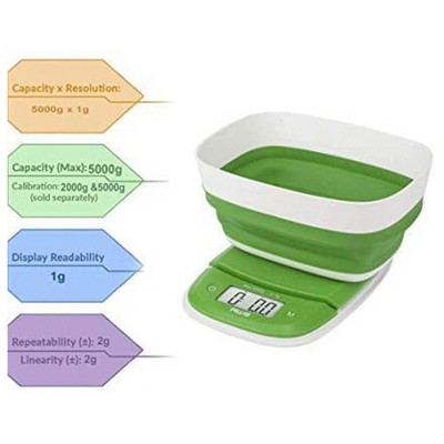 Compact White and Green Digital Kitchen Scale with Collapsible Bowl