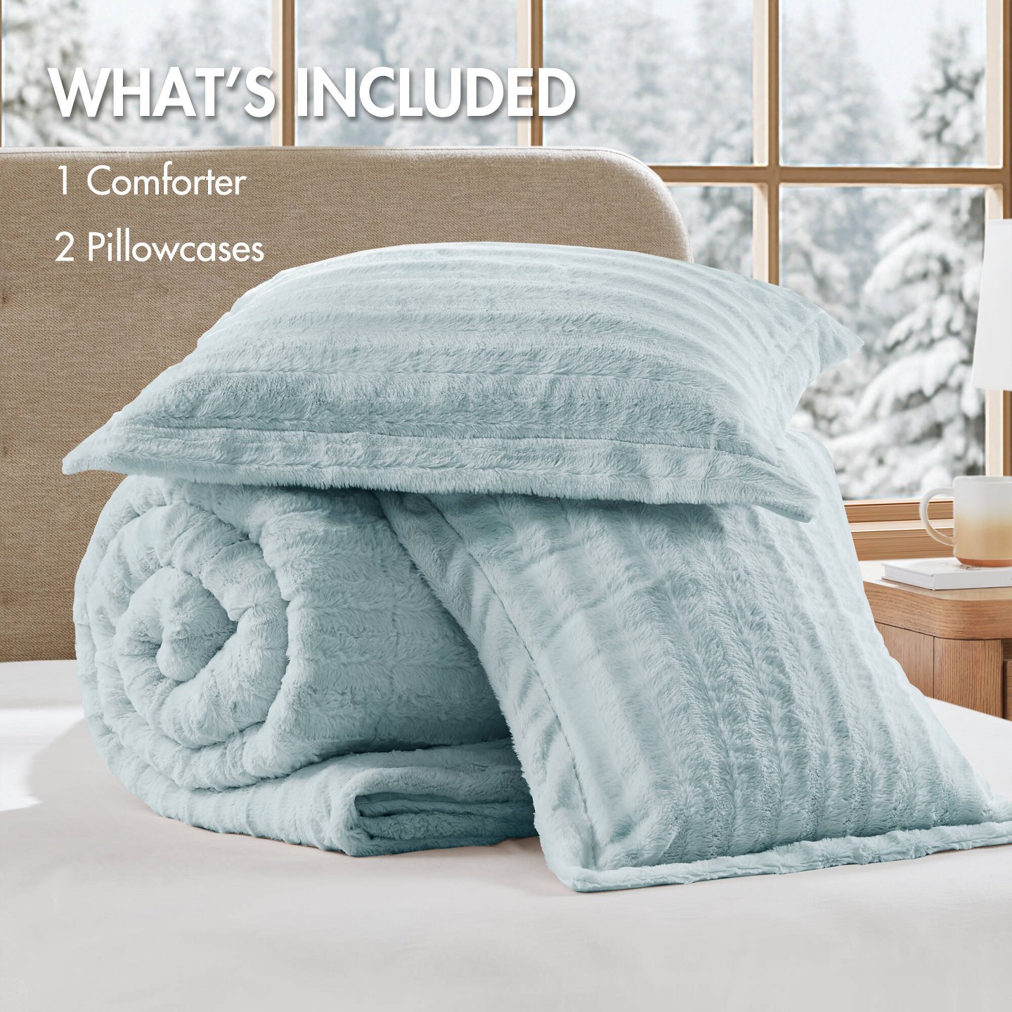 Постельное бельё Madison Park Solid Color Faux Fur Ribbed Comforter Set, Elegant Box Quilting Design Luxury Style Bedding Set, Aqua — фото 7