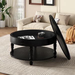 31.5" Black Round Coffee Table with Hidden Storage and Open Shelf, Flip-Top Design with Adjustable Feet for Living Room -3irtyhousy - 1 of 4