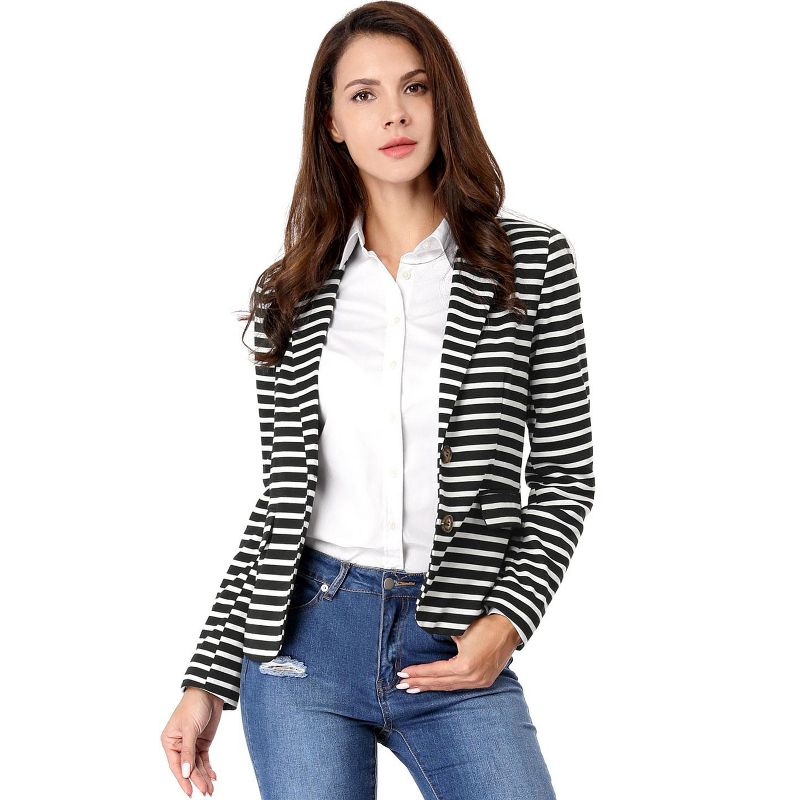 Allegra K Women's Notched Collar Long Sleeve Button Front Striped Blazers, 3 of 8