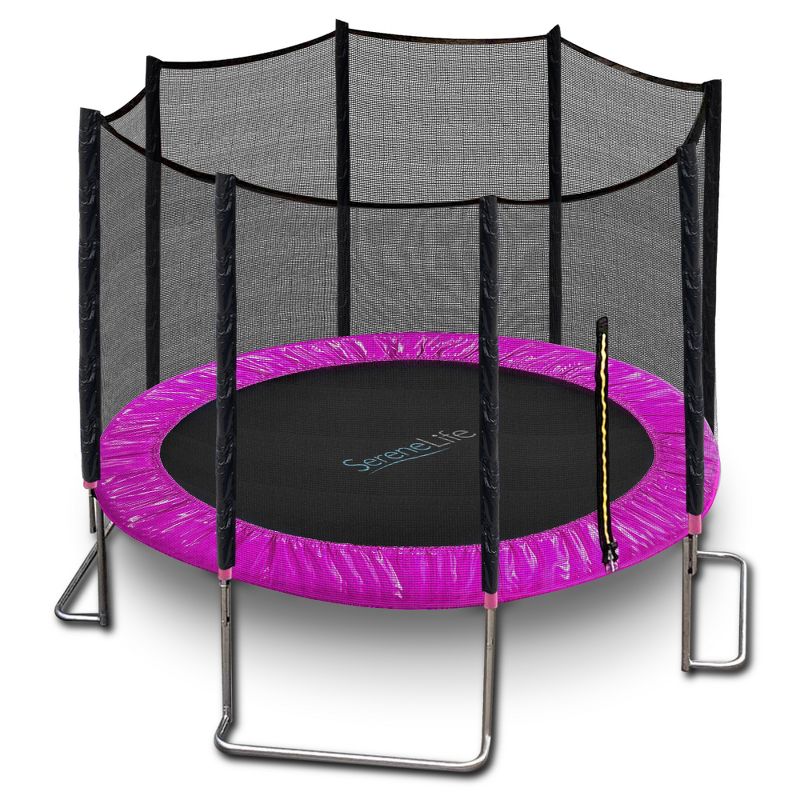 SereneLife 10 Foot Outdoor Backyard Play Trampoline and Safety Protective Dual Closure Net Enclosure for Kids Supports Weight Up To 352 Pounds, Pink, 1 of 8