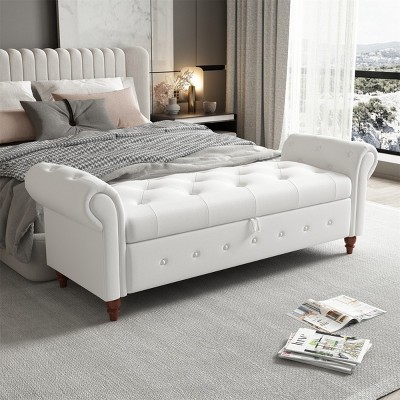 Cecily 63" Button-Tufted Large Storage Ottoman Upholstered Fabric Bench features rolled arms, window seating, and solid wood legs-Maison Boucle
