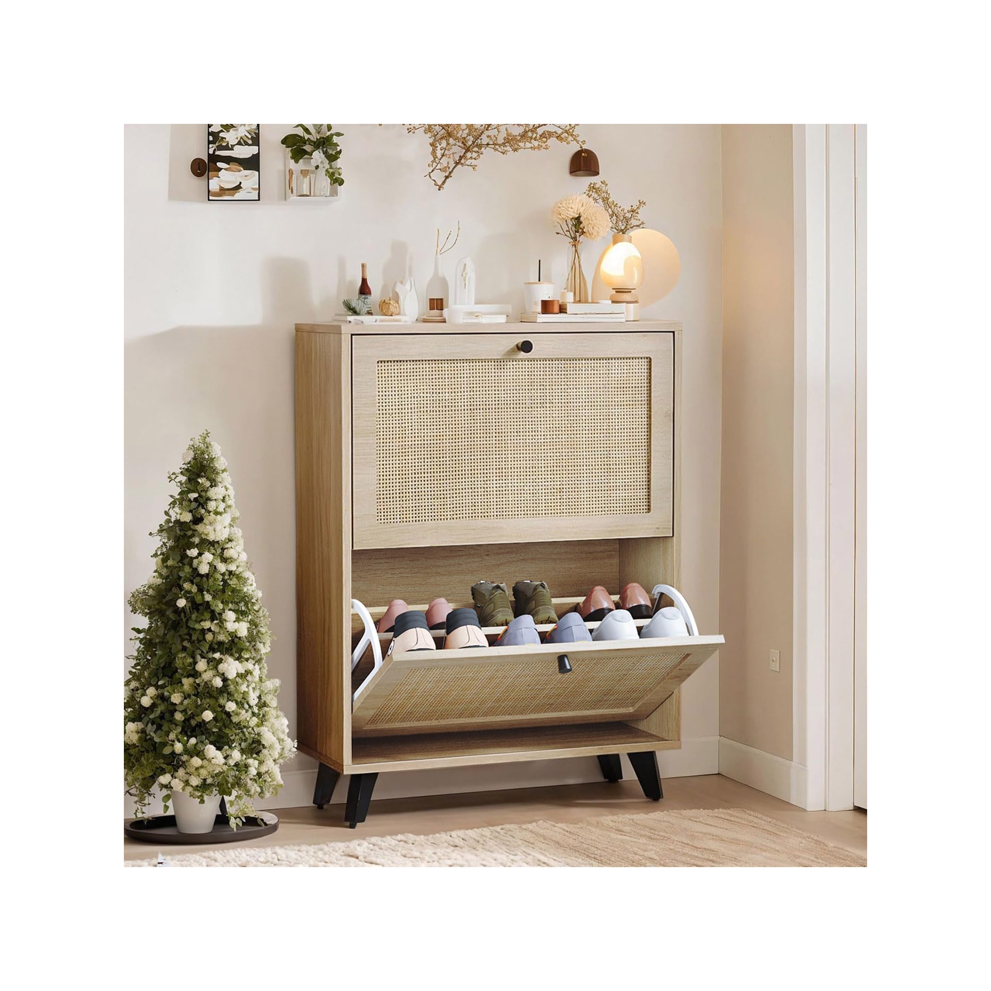 Angel Sar Rattan Shoe Cabinet for Entryway, Slim Shoe Storage Cabinet with 2 Flip Drawers, Shoe Rack Cabinet with Metal Legs, Natural Wood