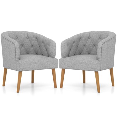 Tangkula 1PC/2PCS Upholstered Tub Chair w/ Solid Rubber Wood Legs Linen-like Fabric & Button Tufted Design Built-in Springs