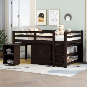 PAGED Simple Wooden Low Loft Bed Bunk Bed with Movable Desk, Twin Size Bed Frame with Storage, Ladder and Guardrail for Kids, Teens - 1 of 4