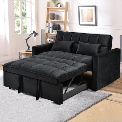 Modern Velvet Loveseat Futon Sofa Couch Pullout Bed, Small Love Seat Lounge Sofa w/Reclining Backrest