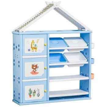 Qaba Kids Toy Storage Organizer with 4 Bins, Storage Cabinets, Bookshelf and 4-Layers Toy Collection Shelves