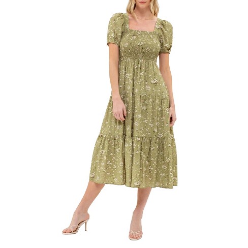 Sky Blue Abstract Print Smocked Waist Puff Half Sleeve Maxi Dress main image 1
