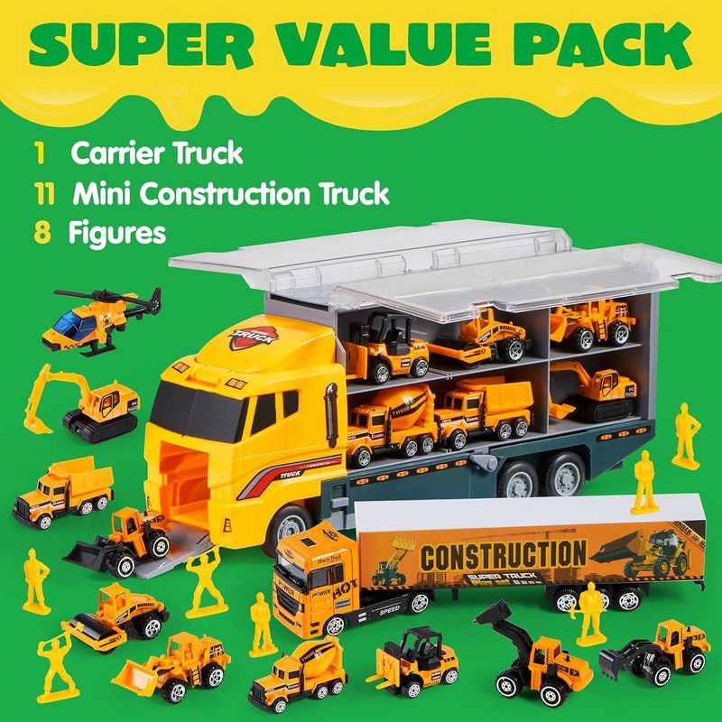 19 in 1 Die-cast Construction Toy Truck, Mini Construction Vehicles in Big Carrier Truck, Patrol Rescue Helicopter for Boys Kids Easter Gifts, 2 of 9