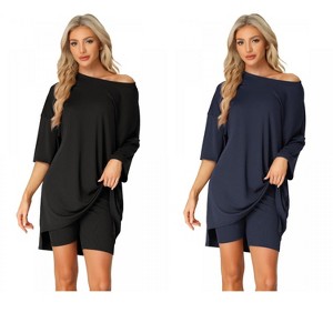 INSPIRE CHIC Women's 2 Pcs Knit Loungewear 3/4 Sleeve T-Shirt with Bike Shorts Pajama Set - 1 of 4