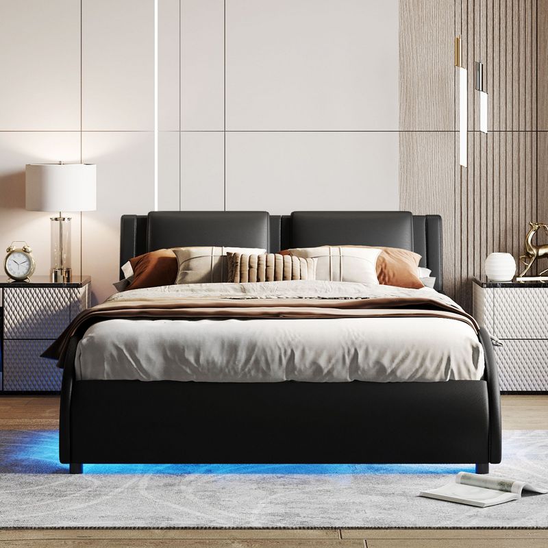 Upholstered Faux Leather Platform Bed with LED Light Bed Frame with Slatted-ModernLuxe, 2 of 12