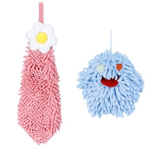 REGALWOVEN 2 Packs Soft Absorbent Flower Pattern Chenille Hand Towel with Loop 6" x 15"/7" x 7" - 1 of 4