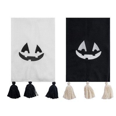 Transpac Fabric Waffle Pumpkin Face Tea Towel Set of 2 Halloween Home Decorations