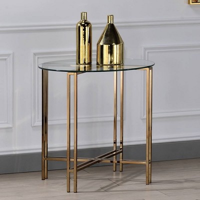 23" Round Glass Top Champagne Metal Accent Table