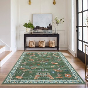 Non-Slip Low Pile Soft Insect Floral Washable Rug for Living Room - 1 of 4