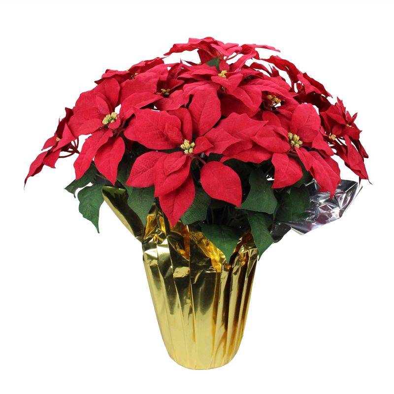 Northlight 28" Red Artificial Christmas Poinsettia with Gold Wrapped Pot, 1 of 4