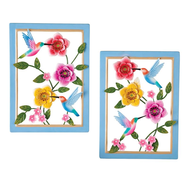 Collections Etc Hand-Painted Hummingbirds and Flowers Wall - Set of 2 8" x 1" x 11", 1 of 3