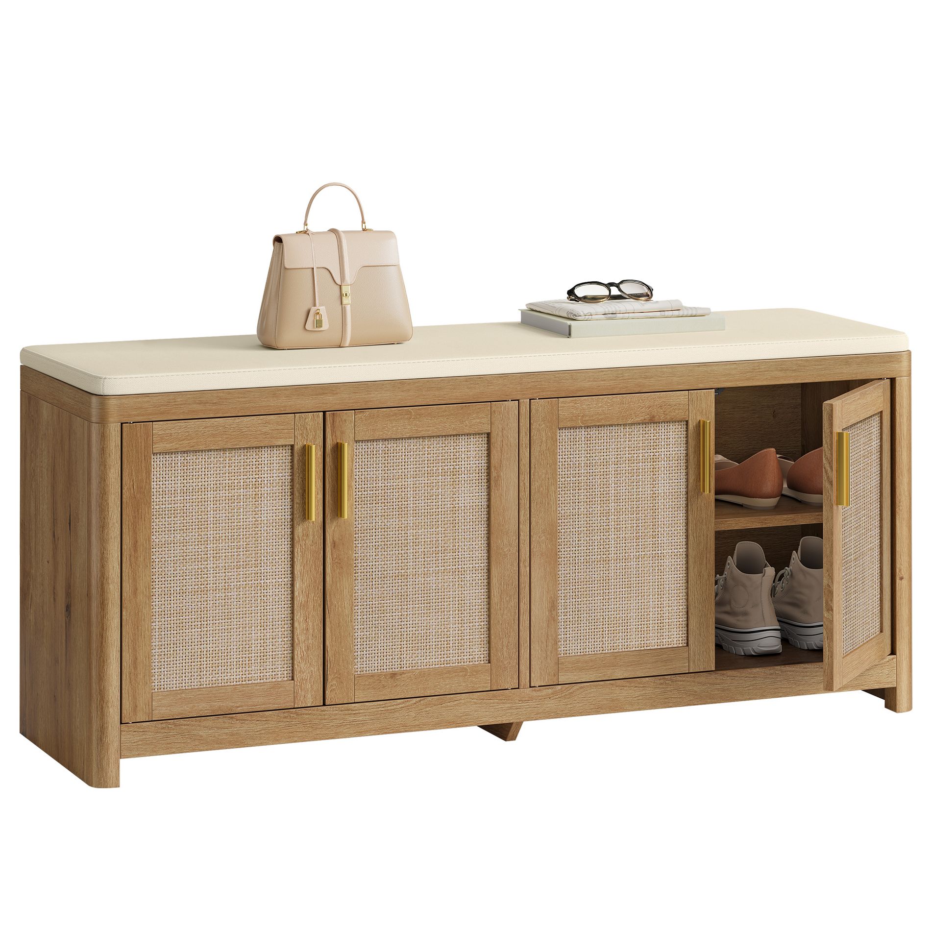 VASAGLE ELLAN Collection - Boho Shoe Bench with Cushion, Entryway Storage Bench with 4 Rattan-Look Cabinet Doors, Adjustable Shelf, Natural Brown