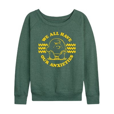 Women's - Peanuts - We All Have Our Anxieties Lightweight French Terry Wide Neck Long Sleeve Shirt