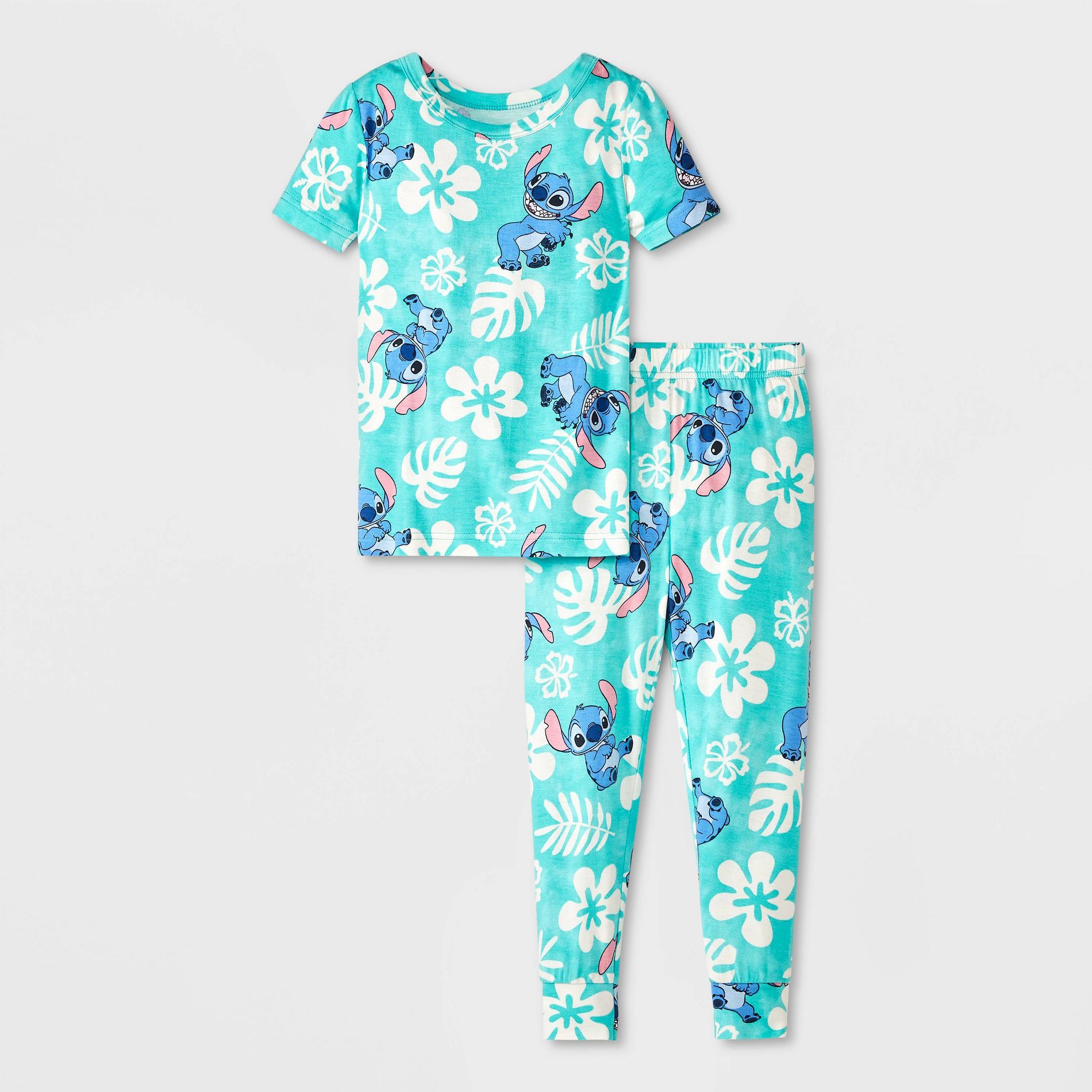 Toddler Girls' 2pc Lilo & Stitch Short Sleeve Viscose Snug Fit Pajama Set - Blue 2T: Crew Neck, Viscose-Spandex Blend, Machine Washable