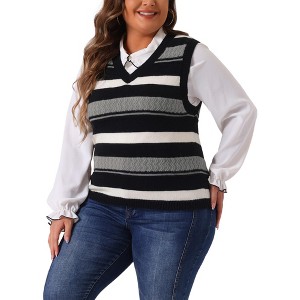 Agnes Orinda Women's Plus Size Sleeveless Casual V-Neck Striped Knit Sweater Vests - 1 of 4