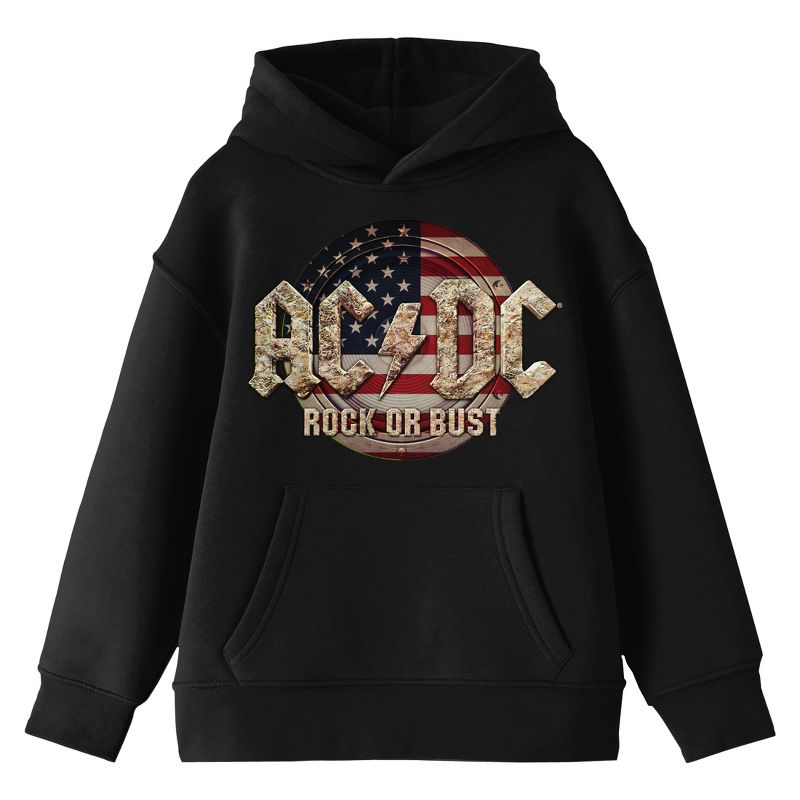 ACDC Rock Or Bust Long Sleeve Boys' Black Hooded Sweatshirt, 1 of 4