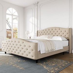 WhizMax Bed Frame with 47.2" Tall Velvet Upholstered Headboard and Footboard, Platform Bed with Tufted Wingback Headboard, Wooden Slats Support - 1 of 4