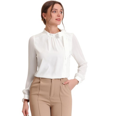 Women Chiffon Shirt Top Long Puff Sleeve White Blouse Tie Neck Formal Work  Wear