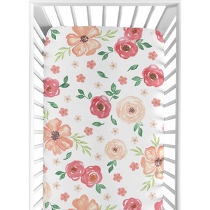 Sweet Jojo Designs Girl Baby Fitted Crib Sheet Watercolor Floral  Peach and Green - 1 of 4