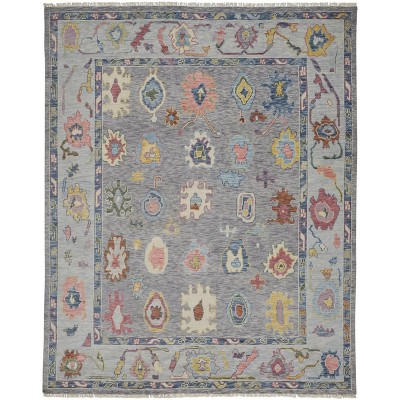 Gray Blue and Red Wool Oriental Hand Knotted Area Rug With Fringe