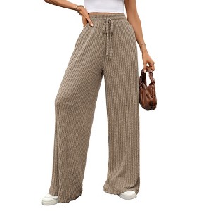 Coolmee Women's Ribbed Knit Lounge Pajama Pants Soft Fuzzy Comfy Straight Leg Drawstring Fall Loose Bottoms with Pockets - 1 of 4