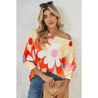 Yellow Colorful Floral Print Ribbed Dolman Blouse